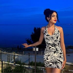 Printed Halter Dress | Black and Cream Double Lined Mini Dress